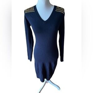 Michael Kors Navy Blue Gold Studded Shoulder Long Sleeve Dress